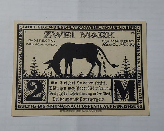 Germany Notgeld 2 Mark 1921 Used (small size) - ZealHobbieZ