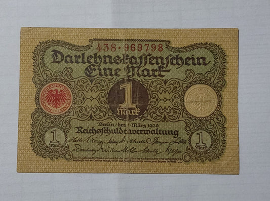 Germany 1 mark Used 1920 P58 (small size) Used note ending serial no: 798 - ZealHobbieZ