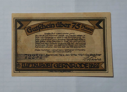 Germany Notgeld 1921 75 Pfennig Used (small size) - ZealHobbieZ