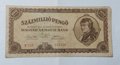 Hungary 100 Million pengo 1946 Used P124 heavily Used note ending serial no446 - ZealHobbieZ