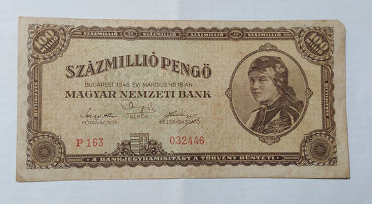 Hungary 100 Million pengo 1946 Used P124 heavily Used note ending serial no446 - ZealHobbieZ