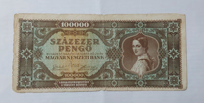 Hungary 100 000 Pengo 1945 (brown) P121 heavily Used note ending serial no 589 - ZealHobbieZ