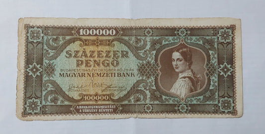 Hungary 100 000 Pengo 1945 (brown) P121 heavily Used note ending serial no 589 - ZealHobbieZ