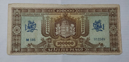 Hungary 100 000 Pengo 1945 (brown) P121 heavily Used note ending serial no 589 - ZealHobbieZ