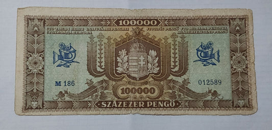 Hungary 100 000 Pengo 1945 (brown) P121 heavily Used note ending serial no 589 - ZealHobbieZ