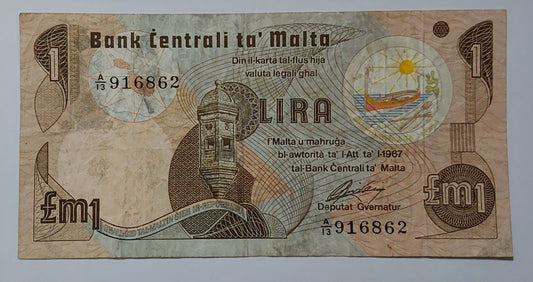Malta 1 Lira / 1 Pound P34 Used note ending serial no: 862 - ZealHobbieZ