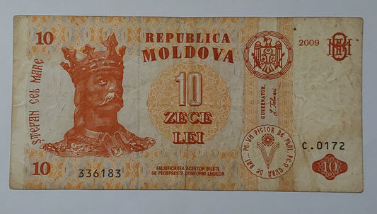 Moldova 10 Lei Heavily Used 2009 P10 ending serial no 183 - ZealHobbieZ