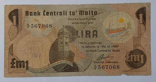 Malta 1 Lira / 1 Pound P34 Heavily Used note ending serial no:068 - ZealHobbieZ