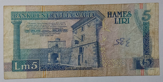 Malta 5 Lira 1994 P46 Used note ending serial no:329 - ZealHobbieZ