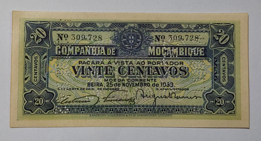 Mozambique 20 Centavos 1933 UNC R29 - ZealHobbieZ