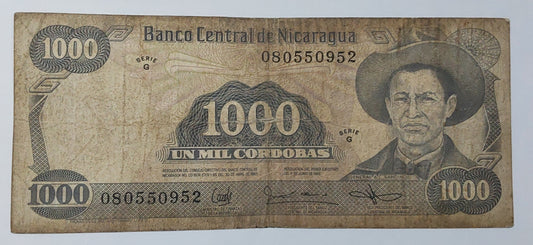 Nicaragua 1000 Cordobas 1985 P145 Used note ending serial no:952 - ZealHobbieZ
