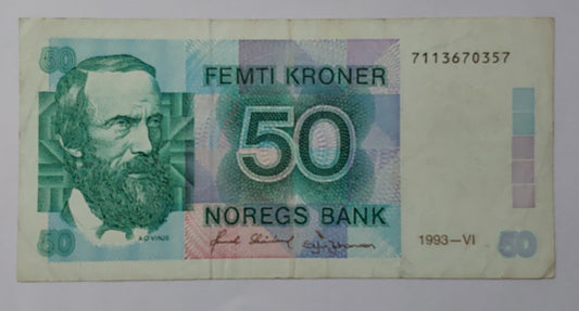 Norway 50 Kroner 1993 P42 Used note ending serial no:357 - ZealHobbieZ