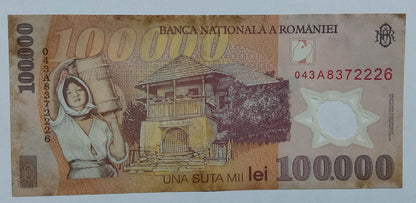 Romania 100000 Lei 2004 P114 Polymer heavily Used note ending serial no:226 - ZealHobbieZ