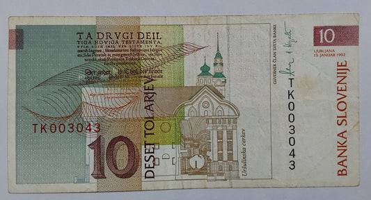 Slovenia 10 Tolarjev 1992 P11 Used note ending serial no: 043 - ZealHobbieZ