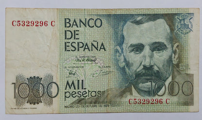 Spain 1000 Pesetas 1979 P158 Used note ending serial no:296 - ZealHobbieZ