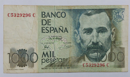 Spain 1000 Pesetas 1979 P158 Used note ending serial no:296 - ZealHobbieZ