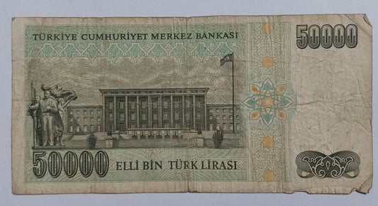 Turkey 50 000 Lira (Black numeral) 1995-99 P204 Used note ending serial no:804 - ZealHobbieZ