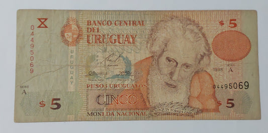 Uruguay 5Peso Heavily Used 1998 P80a Used note ending serial no:069 - ZealHobbieZ