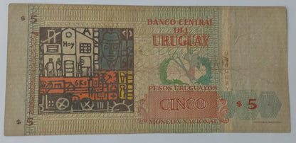 Uruguay 5Peso Heavily Used 1998 P80a Used note ending serial no:069 - ZealHobbieZ