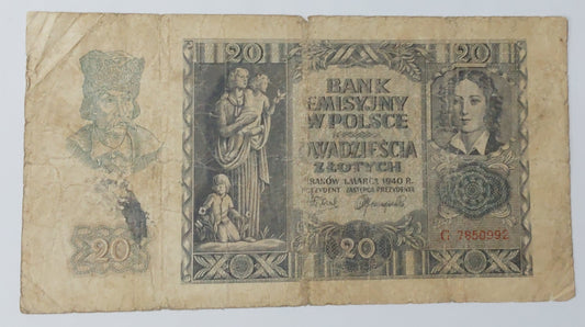 Poland 20 1940 P95a (german occupation note) heavily Used note ending serial no: 992 - ZealHobbieZ