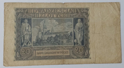Poland 20 1940 P95a (german occupation note) heavily Used note ending serial no: 992 - ZealHobbieZ