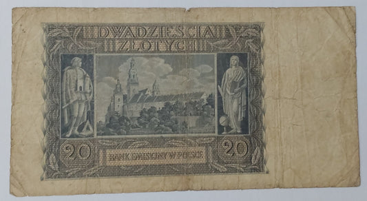 Poland 20 1940 P95a (german occupation note) heavily Used note ending serial no: 992 - ZealHobbieZ