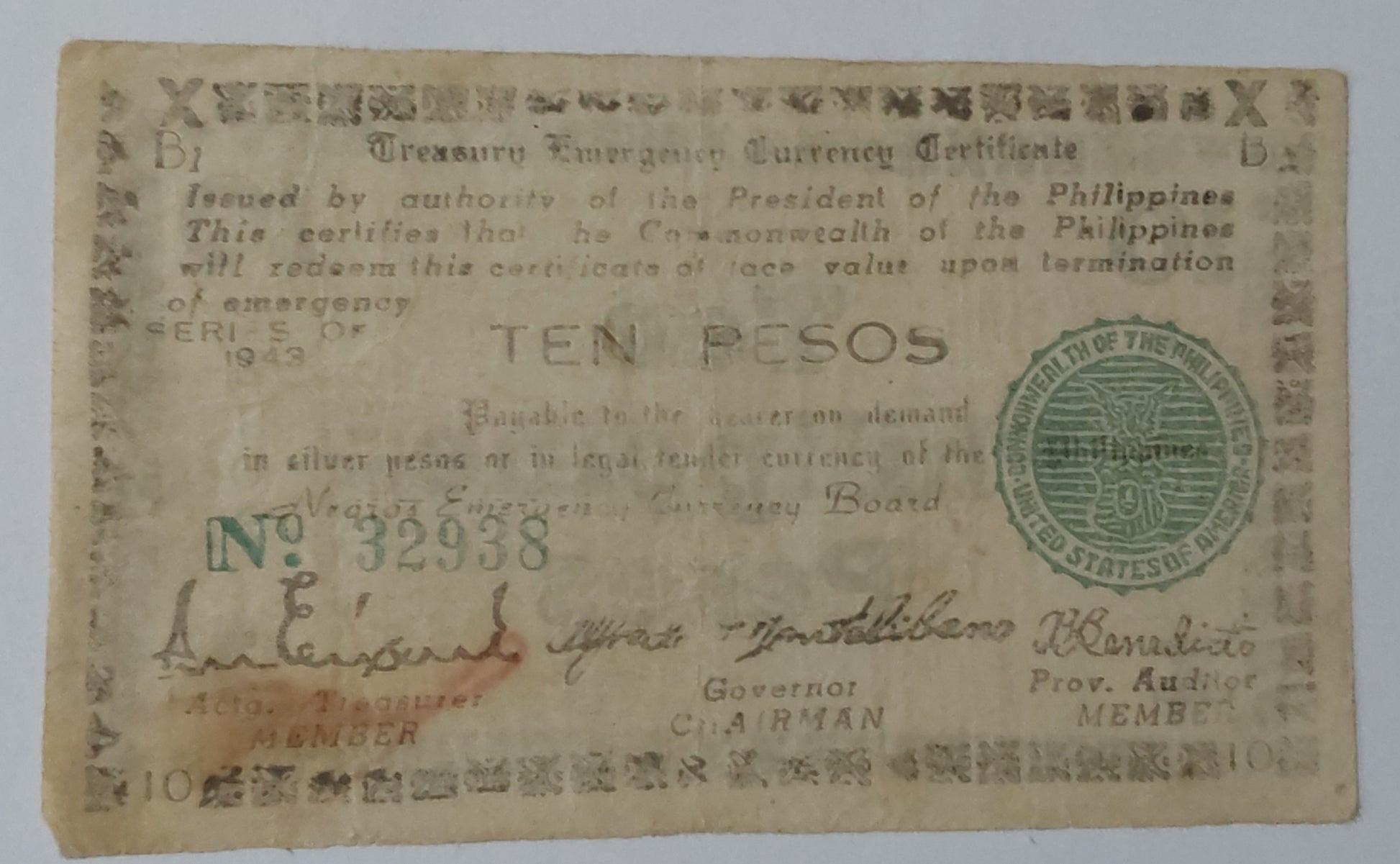 Notgeld Philippines (Negros) 10 Pesos 1943 (small size) Used note ending serial no: 938 - ZealHobbieZ