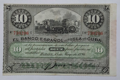Cuba 10 Pesos 1896 P49d Used note ending serial no:206 - ZealHobbieZ