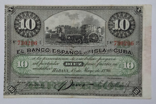 Cuba 10 Pesos 1896 P49d Used note ending serial no:206 - ZealHobbieZ