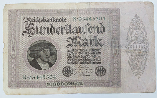 Germany 100,000 Mark 1923 P83 Heavily Used Big size note ending serial no 304 - ZealHobbieZ