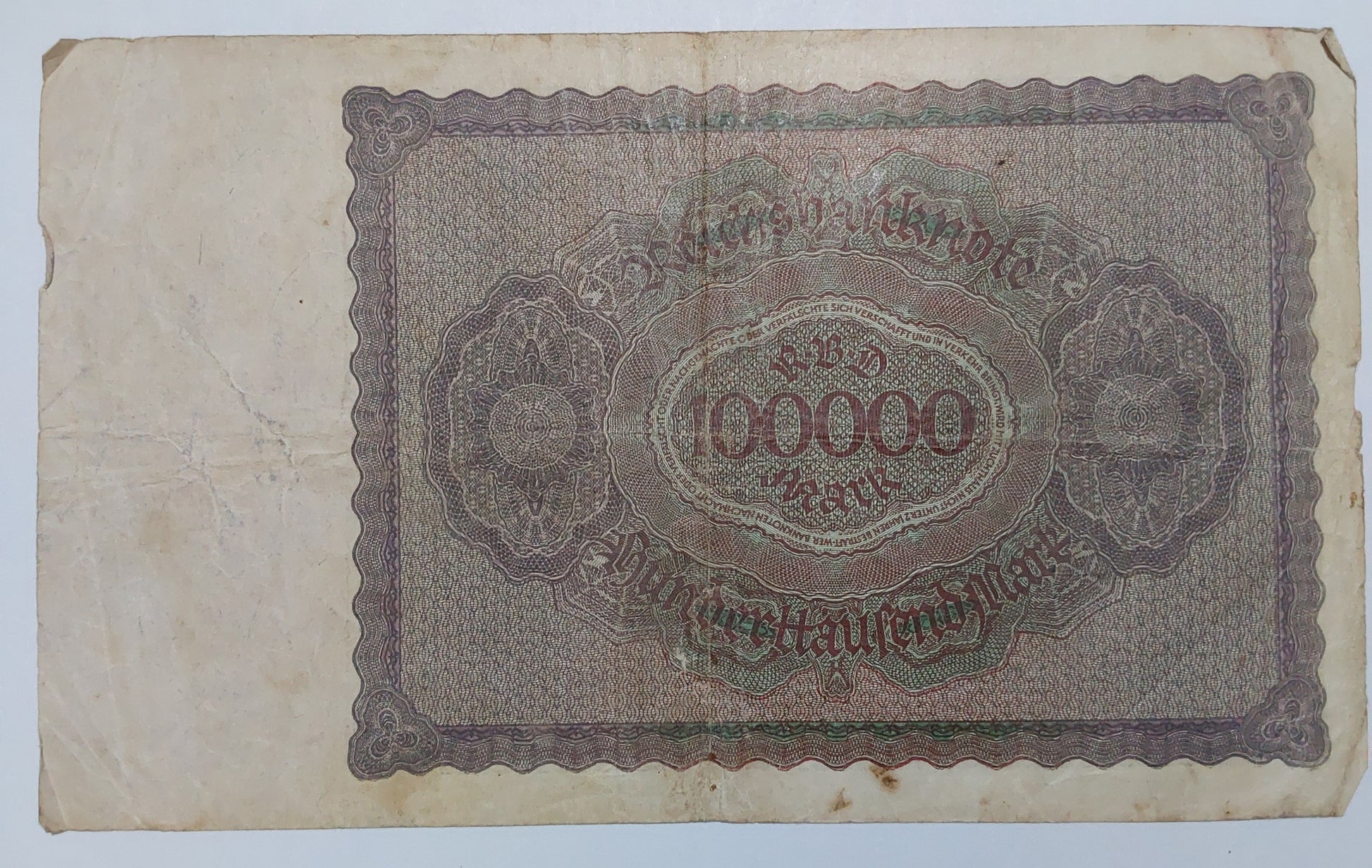 Germany 100,000 Mark 1923 P83 Heavily Used Big size note ending serial no 304 - ZealHobbieZ