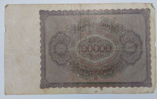 Germany 100,000 Mark 1923 P83 Heavily Used Big size note ending serial no 304 - ZealHobbieZ