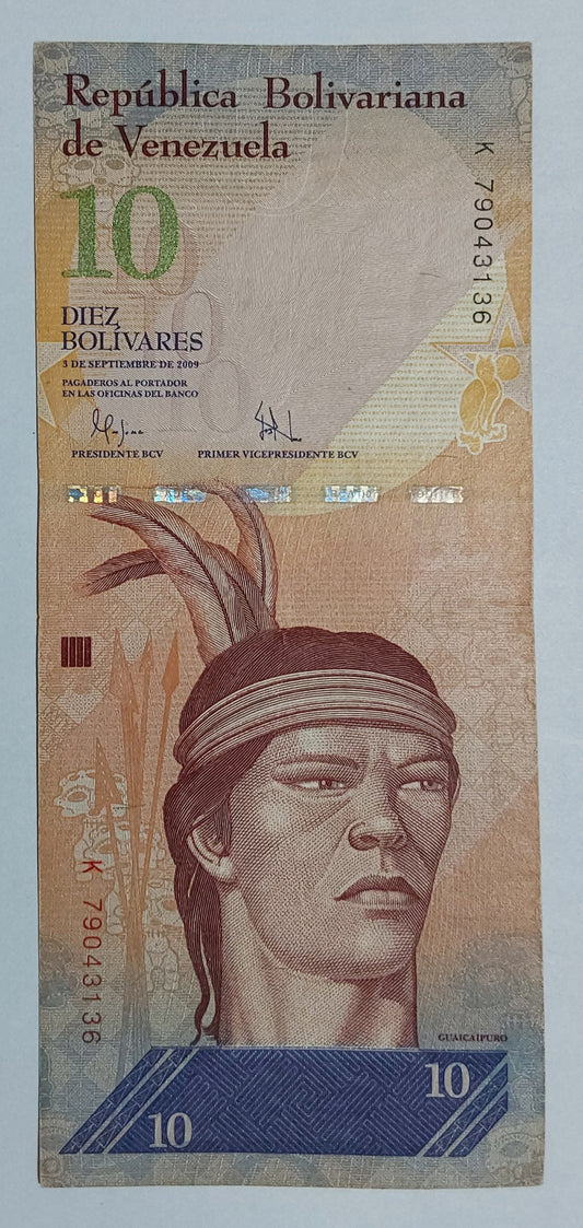Venezuela 10 Bolívares 2009 P90 Used note ending serial no:136 - ZealHobbieZ