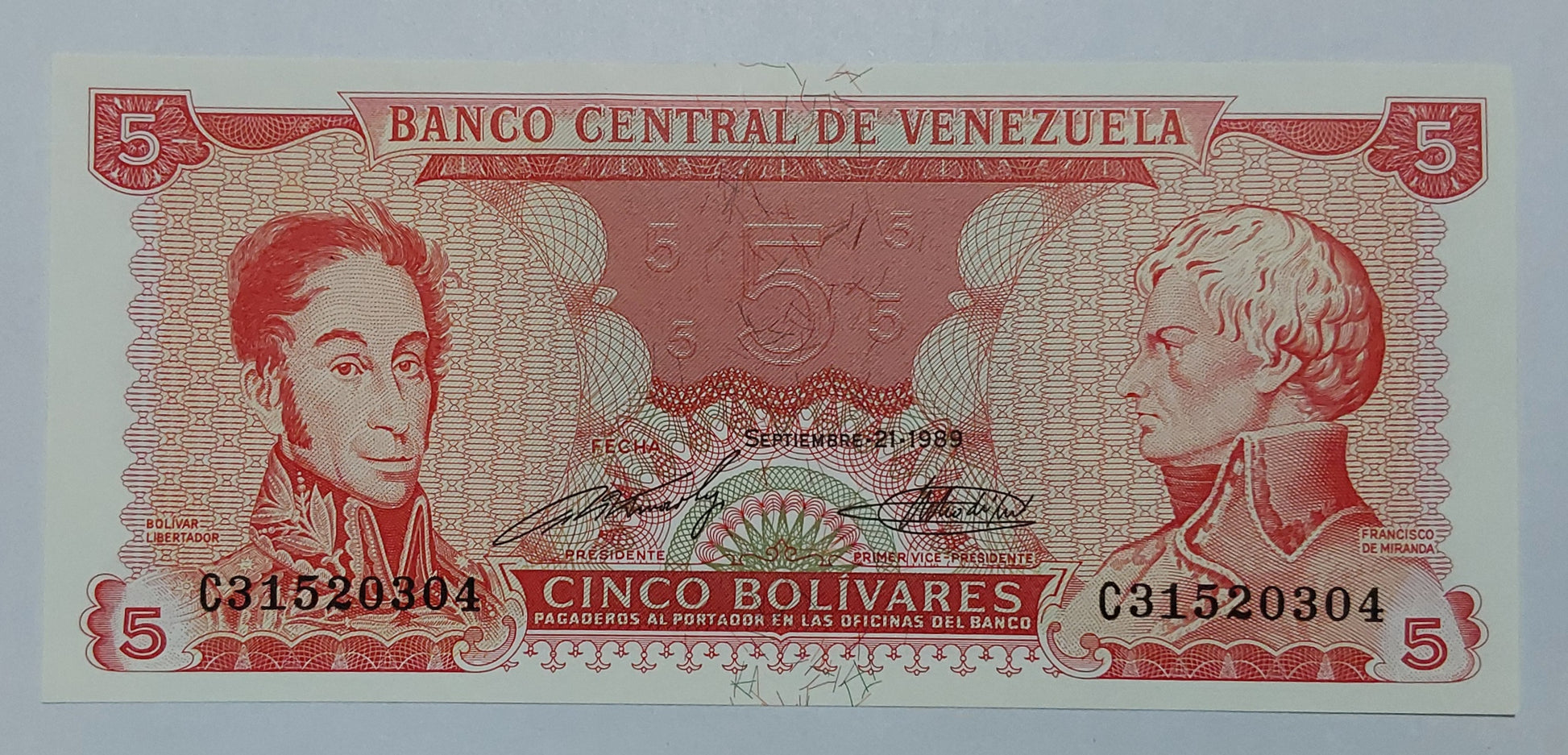 Venezuela 5 Bolívares UNC 1989 P70b - ZealHobbieZ