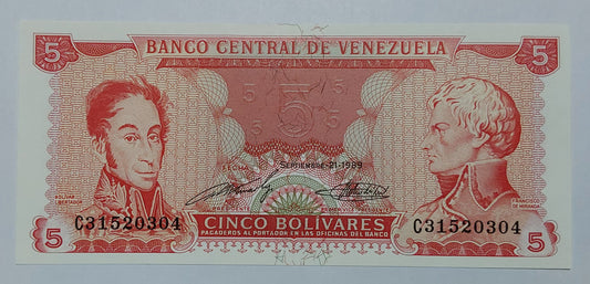 Venezuela 5 Bolívares UNC 1989 P70b - ZealHobbieZ