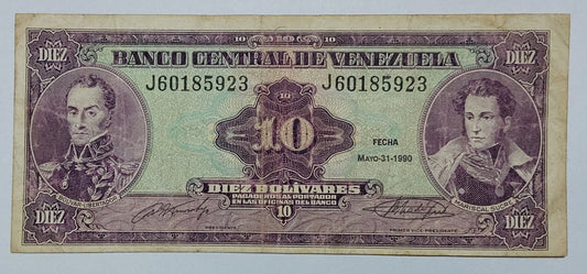 Venezuela 10 Bolívares 1990 P61 Heavily Used ending serial no 923 - ZealHobbieZ