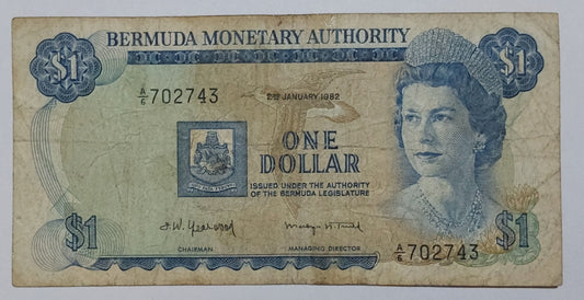 Bermuda 1 Dollar - Queen Elizabeth II 1982 P28b Used ending serial no 743 - ZealHobbieZ