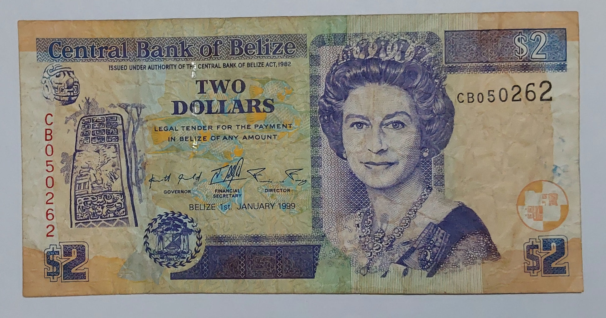 Belize 2 Dollars - Queen Elizabeth II 1999 P60a Heavily Used ending serial no 262 - ZealHobbieZ