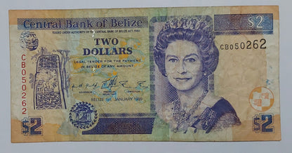 Belize 2 Dollars - Queen Elizabeth II 1999 P60a Heavily Used ending serial no 262 - ZealHobbieZ