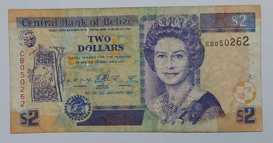 Belize 2 Dollars - Queen Elizabeth II 1999 P60a Heavily Used ending serial no 262 - ZealHobbieZ
