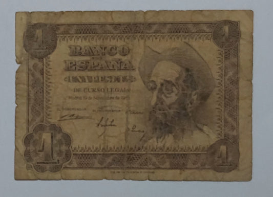 Spain 1 Pesetas Heavily Used note 1951 P139 ending serial no 919 small Size - ZealHobbieZ