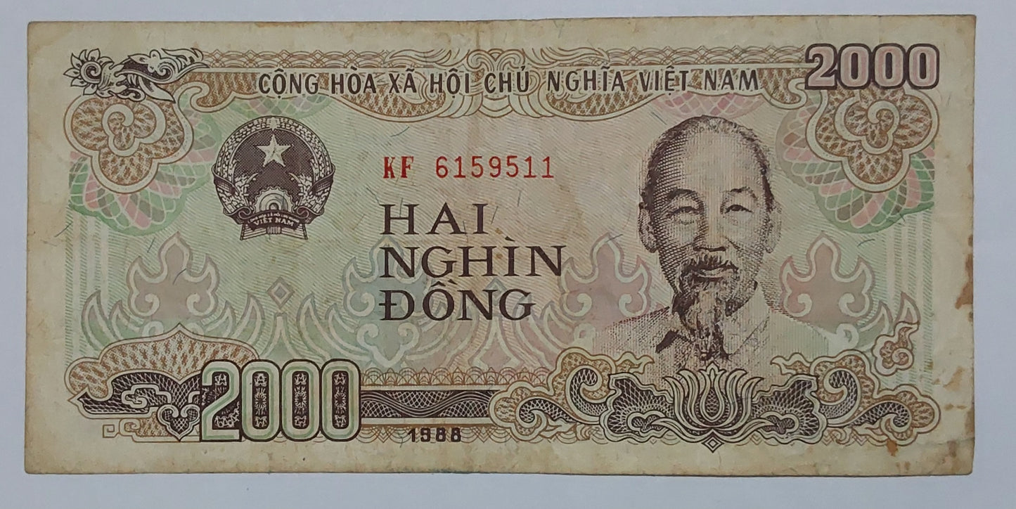 Vietnam 2000 Dong Used 1988 P107 Used note ending serial no:511 - ZealHobbieZ