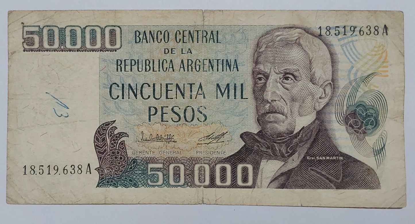 Argentina 50000 Pesos 1979-83 P307 Heavily Used note ending serial no:638 - ZealHobbieZ