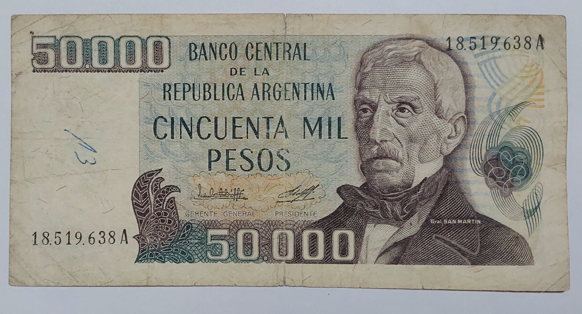Argentina 50000 Pesos 1979-83 P307 Heavily Used note ending serial no:638 - ZealHobbieZ