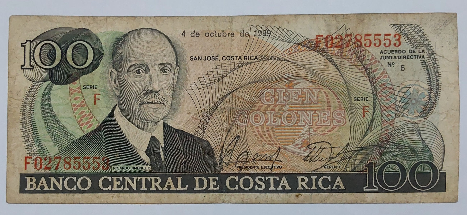 Costa Rica 100 Colones (F series) 1989 P254a Used note ending serial no:553 - ZealHobbieZ
