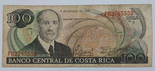 Costa Rica 100 Colones (F series) 1989 P254a Used note ending serial no:553 - ZealHobbieZ