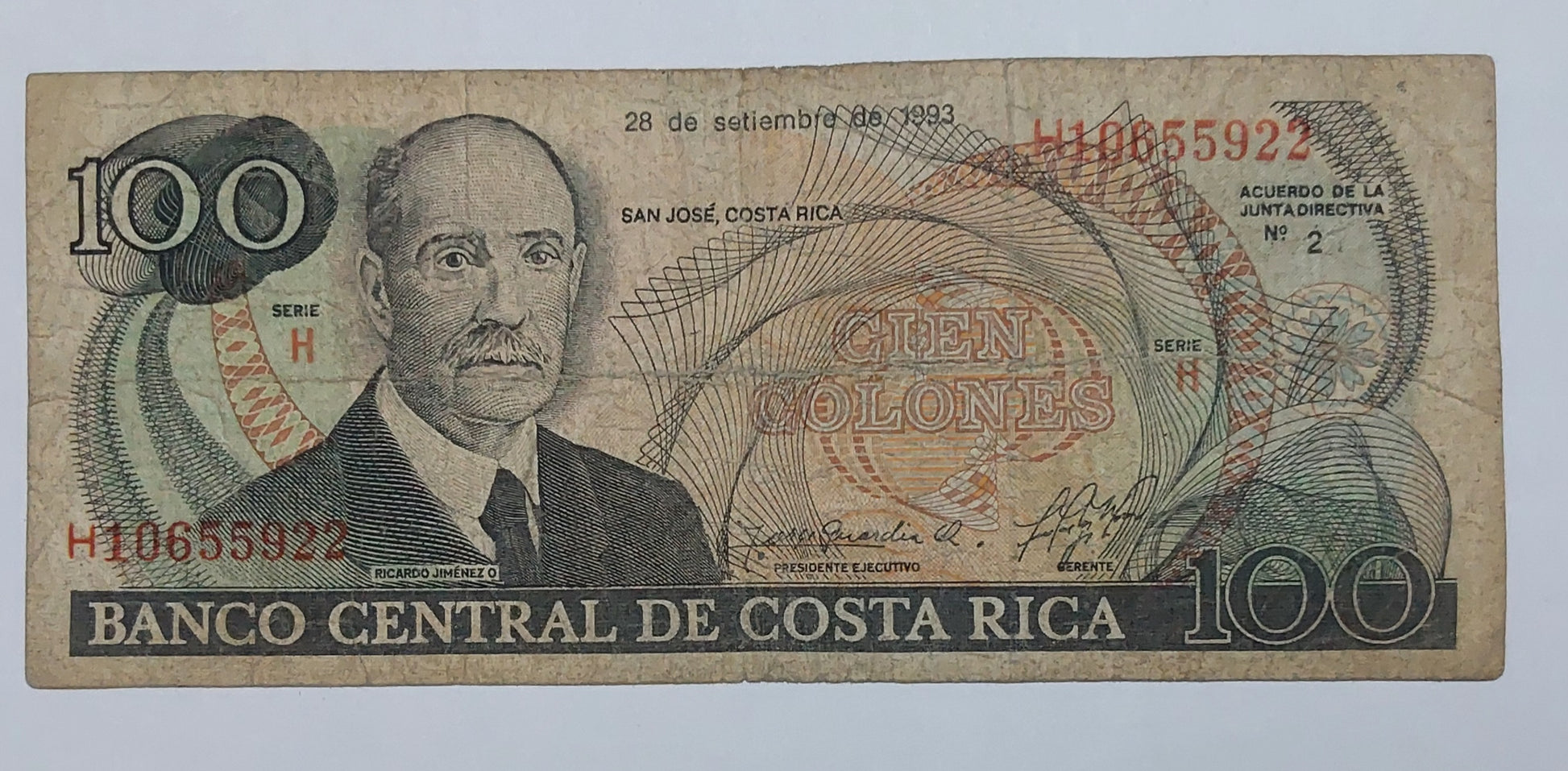 Costa Rica 100 Colones (H series) 1989 P261a Used note ending serial no: 922 - ZealHobbieZ
