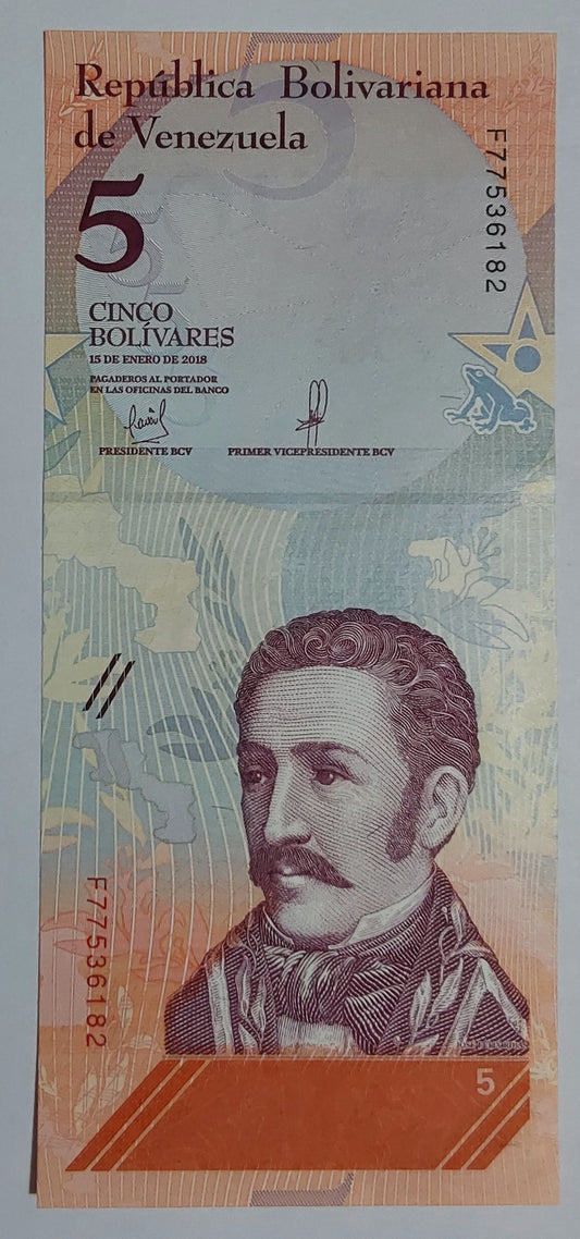 Venezuela 5 Bolívares UNC 2018 P102 - ZealHobbieZ