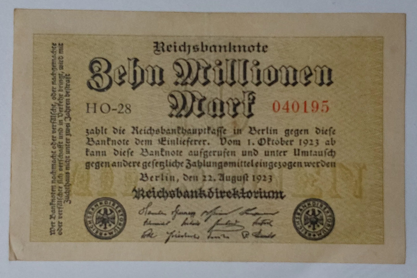 Germany 10,000,000(10 Million ) Mark 1923 P106a Uniface Used note ending serial no: 195 - ZealHobbieZ