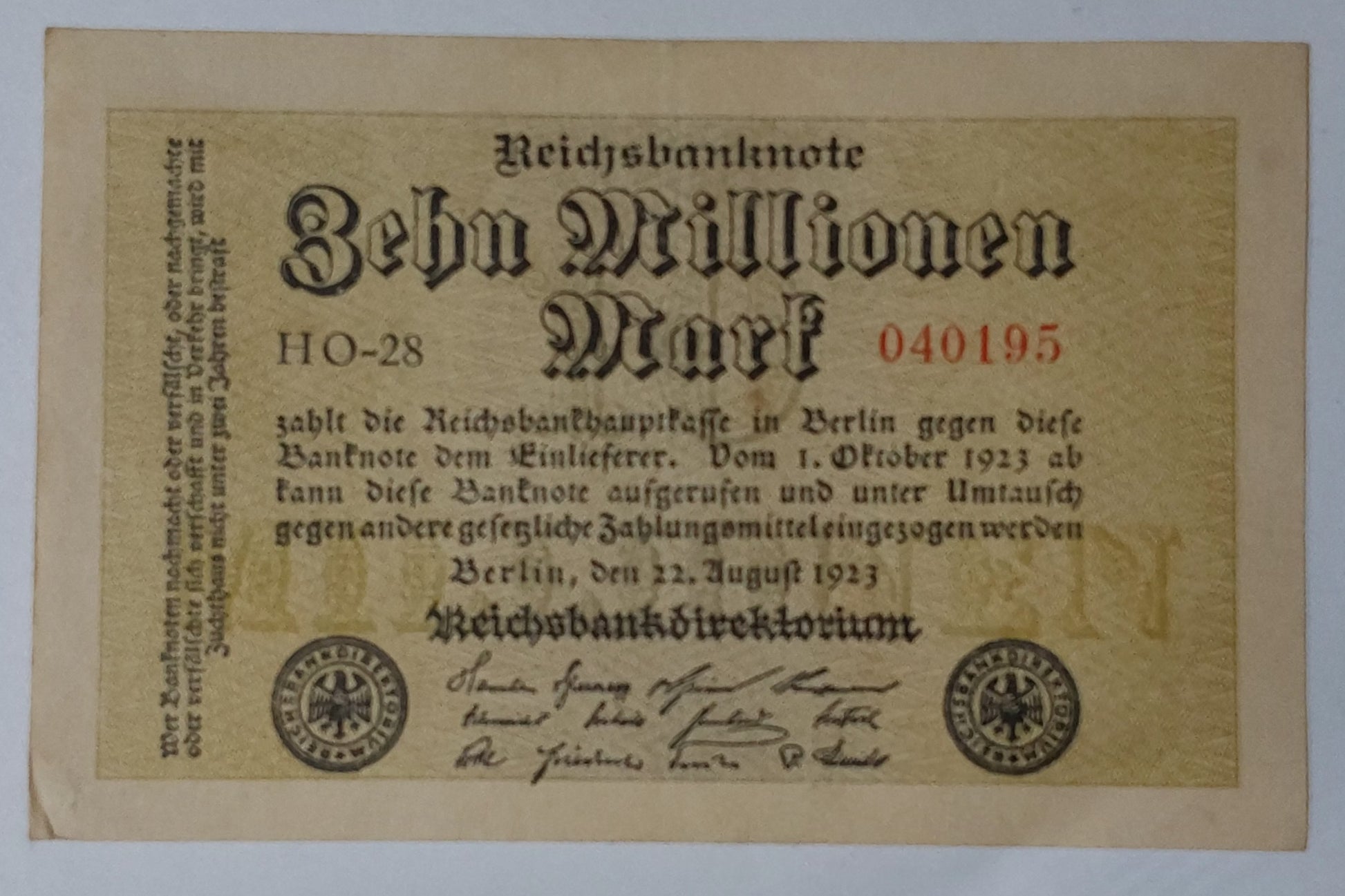Germany 10,000,000(10 Million ) Mark 1923 P106a Uniface Used note ending serial no: 195 - ZealHobbieZ